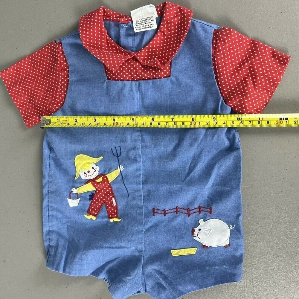 Vtg Nannette Baby One Piece Outfit Farmer Pig Blue Overalls Red White Polka Dot